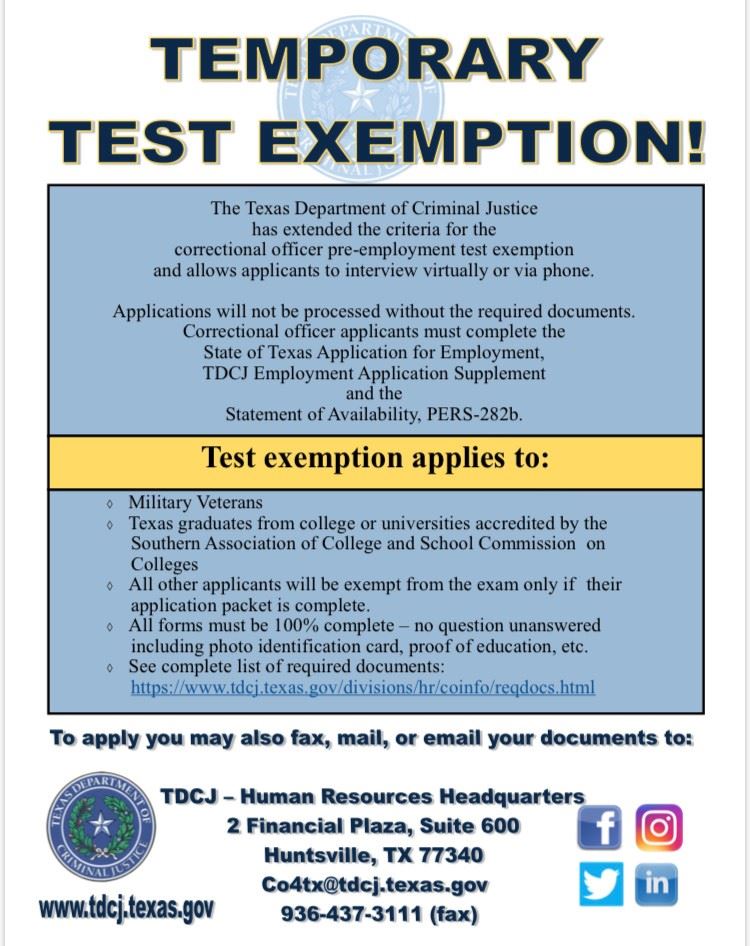 TDCJ Test Exemption